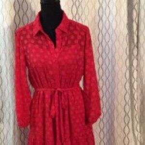 Dainty red, polka dot sheer dress with slip insert and belt